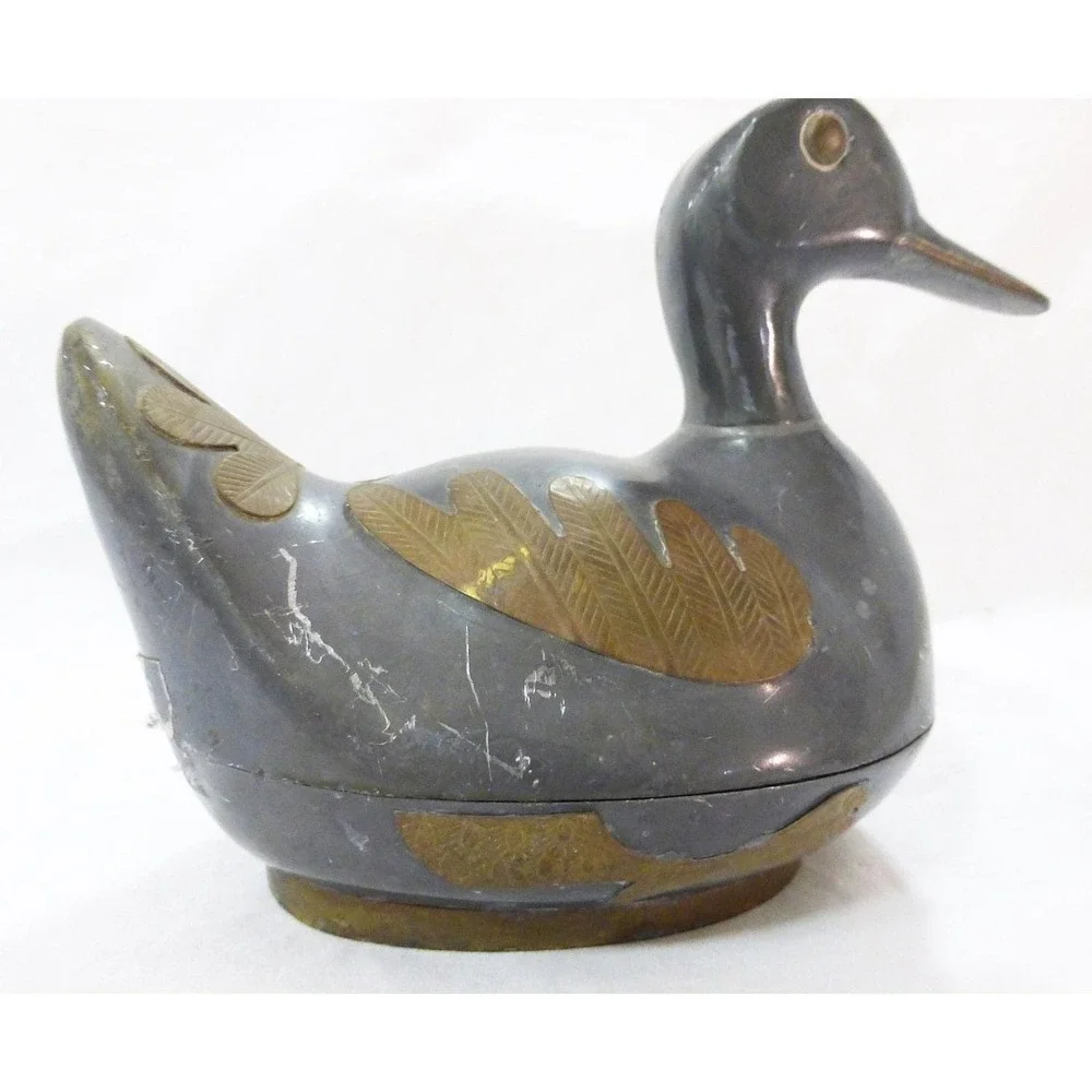 Vtg chinese pewter brass duck lidded‎ trinket jewelry box dish bird farmhouse